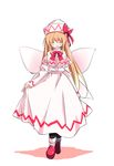  :d ^_^ black_legwear blonde_hair blush bow bowtie capelet closed_eyes curtsey dress facing_viewer fairy_wings hat hat_bow ichimura_kanata lily_white long_dress long_hair long_sleeves mary_janes open_mouth pantyhose red_footwear shoes shy smile socks socks_over_pantyhose solo touhou very_long_hair wings 