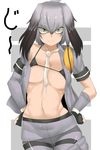  between_breasts bikini_top black_gloves black_hair breasts closed_mouth collarbone collared_shirt cowboy_shot crotch_seam dateya_torahachi eyebrows_visible_through_hair fingerless_gloves gloves grey_shirt grey_shorts hands_on_hips highres kemono_friends long_hair looking_at_viewer low_ponytail lowleg lowleg_panties medium_breasts multicolored_hair navel necktie necktie_between_breasts off-shoulder_shirt open_clothes open_shirt orange_hair panties panties_under_pantyhose pantyhose pocket ribs shirt shoebill_(kemono_friends) short_sleeves shorts shorts_pull side_ponytail silver_hair solo standing stomach thigh_gap toned underwear white_neckwear yellow_eyes 