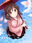  bad_id bad_pixiv_id blue_sky blush brown_hair cloud cloudy_sky commentary_request day drill_hair eyebrows_visible_through_hair from_above hair_between_eyes harukaze_(kantai_collection) holding holding_umbrella japanese_clothes kantai_collection kimono long_sleeves looking_up meiji_schoolgirl_uniform nagiha_kuten oriental_umbrella outdoors petals petals_on_liquid pink_kimono red_eyes reflection ringlets sky smile solo standing umbrella wading wide_sleeves 