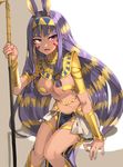  animal_ears arm_support bracelet breasts bunny_ears chibirisu covered_nipples dark_skin earrings egyptian egyptian_clothes facial_mark fate/grand_order fate_(series) hair_tubes hairband highres holding holding_staff hoop_earrings jewelry knees_touching legband loincloth long_hair medium_breasts midriff multicolored_hair navel nitocris_(fate/grand_order) open_mouth purple_eyes purple_hair sitting solo staff two-tone_hair vambraces very_long_hair 