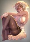  ahoge ass blonde_hair blush breasts covered_nipples fate/grand_order fate_(series) full_body gradient gradient_background highres jeanne_d'arc_(alter)_(fate) jeanne_d'arc_(fate)_(all) large_breasts nanaya_(daaijianglin) open_mouth panties pantyhose plantar_flexion short_hair smile solo underwear yellow_eyes 