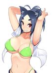  adjusting_hair ahoge animal_ears armpit_peek arms_behind_head aruko_(nac000) bangs bare_shoulders bikini breasts commentary_request green_bikini grin highres large_breasts long_hair looking_at_viewer micro_bikini nac000 navel original parted_bangs ponytail red_eyes short_eyebrows sideboob skindentation smile solo swimsuit underboob 