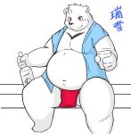  2019 anthro bear_2key belly blush clothing fundoshi fur humanoid_hands japanese_clothing male mammal navel overweight overweight_male polar_bear robe sitting solo underwear ursid ursine white_fur 