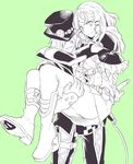  1boy 1girl belt breasts carrying coat dagger dezel_(tales) frills gloves hair_ornament hair_over_eyes hair_tubes hat hood jacket monochrome open_mouth pants rose_(tales) sharp_teeth shoes short_hair smile tales_of_(series) tales_of_zestiria weapon 
