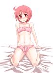  1girl bed blush bra breasts groin nonohara_yuzuko panties pink_bra pink_hair pink_panties red_eyes ringoanu small_breasts solo underwear yuyushiki 