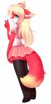  2017 anthro avian bird blonde_hair blue_eyes canine clothing corvid crow crunchobar female fox fur hair mammal open_mouth red_fur simple_background skirt smile v_sign white_background young 