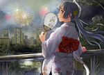  arm_support bad_id bad_pixiv_id bag blue_hair brown_eyes city city_lights dark fan fireworks floral_print flower fox_mask from_behind hair_flower hair_ornament handbag japanese_clothes kimono looking_at_viewer looking_back looking_to_the_side mask mask_on_head night obi original paper_fan profile railing reflection river sash side_ponytail sky smile solo tree uchiwa water wind yoropa yukata 