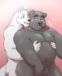  &lt;3 2019 anthro asael_(jumperbear) balls belly black_fur black_nose blue_eyes blush canid canine canis domestic_dog duo flaccid fur hug hugo_(jumperbear) humanoid_hands jumperbear male male/male mammal moobs navel nipples overweight overweight_male penis pink_background simple_background ursid white_fur 