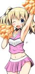  1girl alice_cartelet armpits artist_request blonde_hair blue_eyes blush cheerleader kin-iro_mosaic midriff navel one_eye_closed open_mouth pom_poms skirt solo twintails 