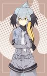  bangs belt bird_tail black_gloves black_hair bodystocking breast_pocket chin_stroking closed_mouth collared_shirt cowboy_shot eyebrows_visible_through_hair fingerless_gloves gloves grey_shirt grey_shorts hand_on_own_chin hand_up japari_symbol kemono_friends long_hair looking_to_the_side low_ponytail mashita_(kuzsat) multicolored_hair necktie orange_hair pocket shirt shoebill_(kemono_friends) short_shorts short_sleeves shorts side_ponytail silver_hair solo standing white_neckwear yellow_eyes 