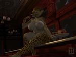  2017 3d_(artwork) anthro big_breasts black_lips black_nose blx24 breasts brown_fur cake clothing digital_media_(artwork) eating feline female food fur hi_res hindpaw inside legwear leopard lips mammal nipples nude paws pink_nipples sitting smile solo white_fur yellow_fur 