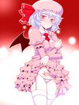  ascot bat_wings blush bow commentary_request dress dress_lift garter_straps hat hat_ribbon highres lifted_by_self long_sleeves looking_at_viewer mob_cap nose_blush panties pink_dress pubic_tattoo red_eyes red_ribbon remilia_scarlet ribbon sako_(bosscoffee) short_hair solo standing tattoo thighhighs touhou underwear white_legwear white_panties wings 