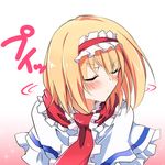  &gt;:( alice_margatroid blonde_hair blush capelet closed_eyes frown hairband ichimura_kanata lolita_fashion lolita_hairband scarf shaking_head solo touhou tsundere v-shaped_eyebrows white_capelet 