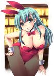  animal_ears bow bowtie bunny_ears bunny_tail bunnysuit detached_collar fake_animal_ears green_eyes green_hair hair_ornament hairclip highres kantai_collection leotard long_hair pantyhose red_leotard shinshin solo suzuya_(kantai_collection) tail wrist_cuffs 