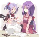  2girls alternate_hairstyle apron bat_wings book bow bowl card cat chocolate clenched_hands comic commentary_request dress eyebrows_visible_through_hair fangs hair_ornament hair_scrunchie holding holding_card lavender_hair long_hair long_sleeves multiple_girls open_mouth patchouli_knowledge pointy_ears ponytail purple_eyes purple_hair red_eyes remilia_scarlet satou_kibi scrunchie short_hair short_sleeves sleeves_past_wrists slit_pupils smile standing sweater touhou translation_request wings wrist_cuffs 