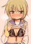  bad_id bad_pixiv_id black_bra blonde_hair blush bra breasts hair_over_shoulder ichii_yui large_breasts lingerie long_hair low_twintails school_uniform school_uniform_(yuyushiki) serafuku shirt_lift solo tatsunokosso twintails underwear yellow_eyes yuyushiki 