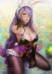  adjusting_hair alternate_costume animal_ears black_gloves breasts bunny_ears bunny_tail bunnysuit camilla_(fire_emblem_if) choker cleavage easter easter_egg egg fire_emblem fire_emblem_heroes fire_emblem_if flower frilled_choker frills gloves hair_over_one_eye highres large_breasts lips long_hair looking_at_viewer pantyhose parted_lips purple_eyes purple_hair realistic sciamano240 seiza sitting smile solo tail 