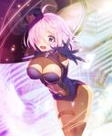  armor armored_dress armpits black_legwear blush breasts cleavage_cutout elbow_gloves fate/grand_order fate_(series) gloves hair_over_one_eye large_breasts leaning_forward looking_at_viewer mash_kyrielight navel_cutout purple_eyes purple_gloves purple_hair purple_legwear reaching_out shield short_hair solo thigh_gap thigh_strap thighhighs thighs yuruto 
