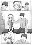  1girl beret bottle burn_scar comic commentary employee_uniform english_commentary greyscale hand_on_another's_face hat highres kantai_collection kashima_(kantai_collection) lawson monochrome robba-san_(wangphing) scar smile tearing_up tears twintails uniform wangphing 