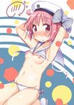  armpits bad_id bad_pixiv_id bikini blush breasts cosplay groin hat highres kantai_collection navel nipples nonohara_yuzuko open_mouth pink_hair red_eyes side-tie_bikini small_breasts solo swimsuit swimwear tatsunokosso white_bikini yuyushiki z3_max_schultz_(kantai_collection) z3_max_schultz_(kantai_collection)_(cosplay) 