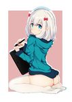  absurdres ass blue_eyes blush bow closed_mouth dragon_xiuluo drawing_tablet eromanga_sensei from_behind hair_bow highres izumi_sagiri jacket looking_at_viewer no_panties pink_background red_bow simple_background sitting solo stylus thighhighs wariza white_hair white_legwear 