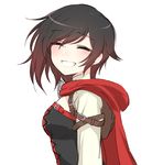 ^_^ black_dress black_hair blush breasts cape closed_eyes corset dress eyebrows_visible_through_hair facing_viewer from_side medium_breasts ndgd red_cape ruby_rose rwby short_hair simple_background smile solo teeth upper_body white_background 