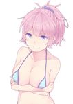  aoba_(kantai_collection) bare_arms bare_shoulders blue_bra blue_eyes bra breast_hold breasts crossed_arms kantai_collection large_breasts pink_hair ponytail shikajima_shika short_hair simple_background smile solo underwear white_background 