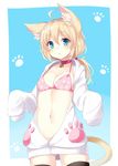  :o ahoge animal_ears artist_name bell bell_choker black_legwear blonde_hair blue_eyes blush bra breasts cat_ears cat_tail character_request choker cleavage cowboy_shot hood hooded_sweater jingle_bell long_sleeves navel open_mouth original paw_print pink_bra ponytail signature sleeves_past_wrists small_breasts solo sweater tail takehana_note thighhighs underwear unzipped zipper 
