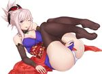  ;p ass asymmetrical_hair black_legwear blue_eyes breasts cleavage elbow_gloves fate/grand_order fate_(series) folded_ponytail full_body gloves japanese_clothes kimono looking_at_viewer magatama miyamoto_musashi_(fate/grand_order) no_shoes obi one_eye_closed panties plantar_flexion sash short_kimono silver_hair sleeveless sleeveless_kimono solo tabi terry_(pixiv3274443) thighhighs tongue tongue_out underwear white_panties 