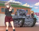  blue_eyes blush brown_hair building caterpillar_tracks cloud commentary cover cover_image day emblem girls_und_panzer girls_und_panzer_phase_erika ground_vehicle hair_bobbles hair_ornament itsumi_erika kuromorimine_(emblem) kuromorimine_military_uniform looking_to_the_side military military_uniform military_vehicle motor_vehicle multiple_girls official_art panzerkampfwagen_35(t) radio_antenna rope rou_leila saitaniya_ryouichi silver_hair skirt sky tank twintails uniform wrench 