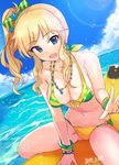  :d artist_name ashita_(2010) ass_visible_through_thighs banana_boat bikini blonde_hair blue_eyes blue_sky bracelet breasts cleavage cloud day dutch_angle earrings eyebrows_visible_through_hair fang highres idolmaster idolmaster_cinderella_girls jewelry large_breasts lens_flare long_hair navel necklace ootsuki_yui open_mouth outdoors riding side_ponytail sidelocks sitting sky smile solo swimsuit w wet yellow_bikini 