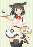  :o animal_ears apron badge bell black_legwear blush bow bowtie breasts brown_eyes brown_hair button_badge cleavage commentary_request cow_ears cow_girl cow_tail crop_top detached_collar extra_ears eyebrows_visible_through_hair flying_sweatdrops horns large_breasts leg_up loafers looking_at_viewer midriff navel open_mouth original peko pleated_skirt puffy_short_sleeves puffy_sleeves shoes short_sleeves simple_background skirt solo striped striped_background sweatdrop tail tail_bell tail_bow thighhighs tray vertical-striped_background vertical_stripes waist_apron 