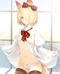  animal_ears bangs blonde_hair blue_eyes blue_sky blurry blurry_background blush bow bow_panties breasts brown_legwear closed_mouth cowboy_shot day depth_of_field fox_ears hair_bow hair_over_one_eye highres juliet_sleeves lifted_by_self long_sleeves looking_at_viewer meth_(emethmeth) navel no_pants open_clothes open_shirt original panties puffy_sleeves shirt shirt_lift short_hair sky small_breasts solo striped striped_bow tail thighhighs underwear white_panties white_shirt wide_sleeves window 
