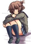  alternate_costume brown_eyes brown_hair folded_ponytail inazuma_(kantai_collection) jacket kantai_collection long_hair pleated_skirt school_uniform shinshin shoes sitting sketch skirt socks solo 