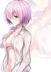  1girl 3: bangs blush breasts cleavage closed_mouth collarbone collared_shirt dress_shirt erect_nipples eyebrows_visible_through_hair fate/grand_order fate_(series) hair_over_one_eye hand_up highres large_breasts long_sleeves looking_to_the_side nagiha_kuten naked_shirt navel open_clothes open_shirt purple_eyes purple_hair see-through shielder_(fate/grand_order) shirt short_hair solo upper_body white_shirt zoom_layer 