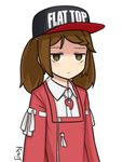  artist_name baseball_cap brown_eyes brown_hair closed_mouth clothes_writing commentary english hat headwear_writing jacy japanese_clothes jitome kantai_collection long_hair magatama meme ribbon-trimmed_clothes ribbon_trim ryuujou_(kantai_collection) shirt signature simple_background solo twintails upper_body visor_cap white_background white_shirt wing_collar 