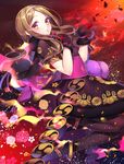  absurdres bad_id bad_pixiv_id black_gloves brown_eyes brown_hair capelet chacha_(fate/grand_order) fate/grand_order fate_(series) fire floral_print gloves hairband highres japanese_clothes long_hair looking_at_viewer may_(2747513627) mitsudomoe_(shape) pantyhose petals solo tomoe_(symbol) 