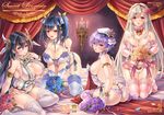  anna_(sennen_sensou_aigis) armlet ass bangs bare_shoulders black_hair blonde_hair blue_eyes blue_flower blue_hair blue_legwear blue_panties blue_rose blush bouquet breasts candle cleavage cover cover_page cross-laced_clothes curtains detached_collar doujin_cover elbow_gloves elmira_(sennen_sensou_aigis) flower garter_belt gloves hair_flower hair_ornament hair_ribbon hairband hat holding jewelry kneeling large_breasts leona_(sennen_sensou_aigis) lingerie long_hair looking_at_viewer looking_back makirin multiple_girls navel necklace open_mouth panties petals pink_flower pink_gloves pink_legwear pink_panties pink_rose purple_eyes purple_flower purple_hair purple_legwear purple_panties purple_rose red_eyes ribbon rose sennen_sensou_aigis short_hair side-tie_panties sideboob sitting sophie_(sennen_sensou_aigis) swept_bangs thighhighs twintails underwear underwear_only wariza white_gloves white_legwear yellow_flower yellow_rose yokozuwari 