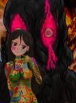  1girl alien bodypaint bodystocking breasts eyeshadow fire fujiyama_miki giant_monster glowing glowing_eyes godzilla_(series) hedorah kaijuu long_hair makeup monster nude red_eyes slime 