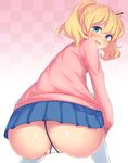  alice_cartelet anus_peek ass bad_id bad_pixiv_id blonde_hair blush cameltoe checkered checkered_background fat_mons green_eyes highres kin-iro_mosaic looking_back nitro_(mugityaoisii) open_mouth panties pink_sweater saliva skirt smile solo squatting sweater thighhighs thong underwear upskirt white_panties 