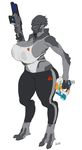  2017 alien anthro areola big_breasts breasts clothed clothing colored digital_media_(artwork) fan_character female looking_at_viewer mammal mass_effect nipples open_mouth ranged_weapon red_eyes simple_background smile snao solo turian video_games weapon 