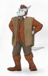  2018 anthro arlin_oxer_(character) beard biped boots clothed clothing dragonborn dress_shirt dungeons_&amp;_dragons facial_hair feathers footwear full-length_portrait hair hi_res horn jacket male matydraws_(artist) pants portrait scales scalie shirt shoes simple_background smile smirk smug solo standing vest 