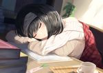  black_hair blush book book_stack bookmark closed_eyes commentary_request cup hairband head_down head_on_hand idolmaster idolmaster_cinderella_girls igakusei indoors long_hair long_sleeves off-shoulder_sweater open_book plant plate ribbed_sweater sagisawa_fumika shawl sleeping solo sweater teacup upper_body 