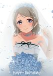  bare_shoulders blue_dress blue_eyes blue_flower blue_rose blue_wedding_dress bouquet breasts bridal_veil bride dress flower grey_hair hair_flower hair_ornament happy_birthday highres jewelry love_live! love_live!_sunshine!! medium_breasts nacl_(v_virgo) necklace petals rose short_hair smile solo strapless strapless_dress veil watanabe_you wedding_dress 