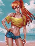  absurdres ass_visible_through_thighs beach bow bow_panties breasts collarbone contrapposto cowboy_shot dandon_fuga day denim denim_shorts green_eyes halterneck hand_on_hip highres kasumi_(pokemon) lips long_hair looking_at_viewer medium_breasts midriff off-shoulder_shirt outdoors paid_reward panties patreon_reward poke_ball poke_ball_(generic) pokemon pokemon_(anime) pokemon_(classic_anime) red_hair shirt short_shorts shorts side_ponytail solo standing tied_shirt underwear white_panties 