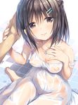  barefoot black_eyes black_hair blush commentary_request covered_nipples hair_ornament hairclip jewelry looking_at_viewer necklace original oryou pov see-through short_hair sitting smile solo_focus tied_hair wariza wet wet_clothes 