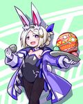  animal_ears argyle argyle_legwear blonde_hair breasts bunny_ears bunny_girl bunny_tail bunnysuit detached_collar easter easter_egg egg exice-zero gloves highres jacket kugelschreiber looking_at_viewer open_mouth original pantyhose red_eyes small_breasts smile solo tail 