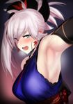  arm_up armpits asymmetrical_hair blue_eyes blush breasts breath detached_sleeves earrings eyebrows_visible_through_hair fate/grand_order fate_(series) floral_print hair_ornament japanese_clothes jewelry kimono large_breasts looking_at_viewer miyamoto_musashi_(fate/grand_order) open_mouth pink_hair sash solo sweat ulrich_(tagaragakuin) 