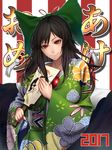  &gt;:) 2017 akeome alternate_costume black_hair black_wings bow breasts cape closed_mouth commentary_request floral_print furisode green_bow hagoita hair_bow happy_new_year japanese_clothes kimono large_breasts long_hair long_sleeves minami_koyogi new_year obi paddle red_eyes reiuji_utsuho sash smile solo third_eye touhou upper_body v-shaped_eyebrows wide_sleeves wings 