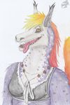  anthro collar dragon feathers female food fruit fur halloween holidays panting piercing pumpkin smile tongue yenza 